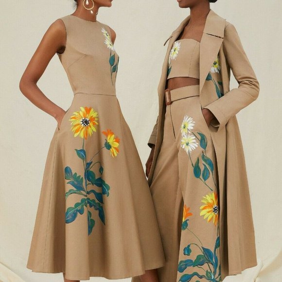 *$3,000 NEW W. TAG OSCAR DE LA RENTA HAND PAINTED TAN DRESS US 14